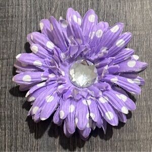 💞 Large Purple Polka Dot Flower Hair Clip with Large Clear Center Gem